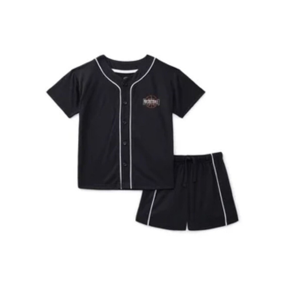 wonder nation 2 pc Black Button-Up Top with White Piping and short set sleepwear